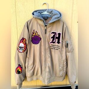 Embroidery Bomber Jacket W Hoodie Men Size Large Letter H Tan Color Flame Rose